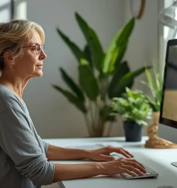 Kvinde sidder ved sin computer for 1:1 coaching session med kunde